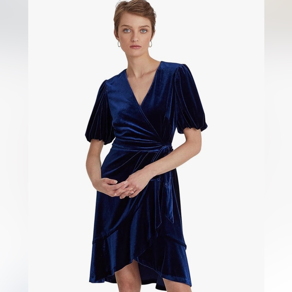 Lauren Ralph Lauren Blue Velvet Asymmetrical Wrap Dress